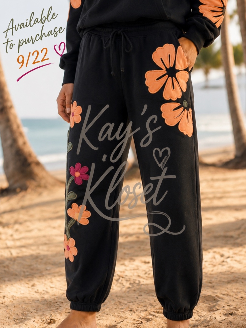 BF92–🖤🌸 (ETA 9/22) BLACK floral Joggers with Pink & Orange Appliqués
